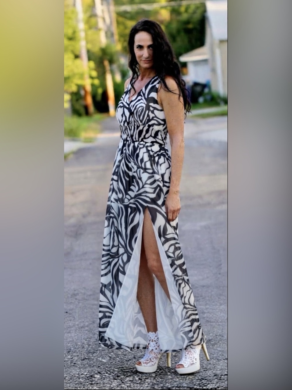White House Black Market Zebra Maxi Dress Shirred Bodice M NWT